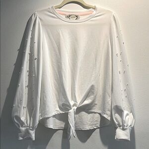 Off-White Sheer Floral Top with Wide Flutter Sleeves and Tie Front